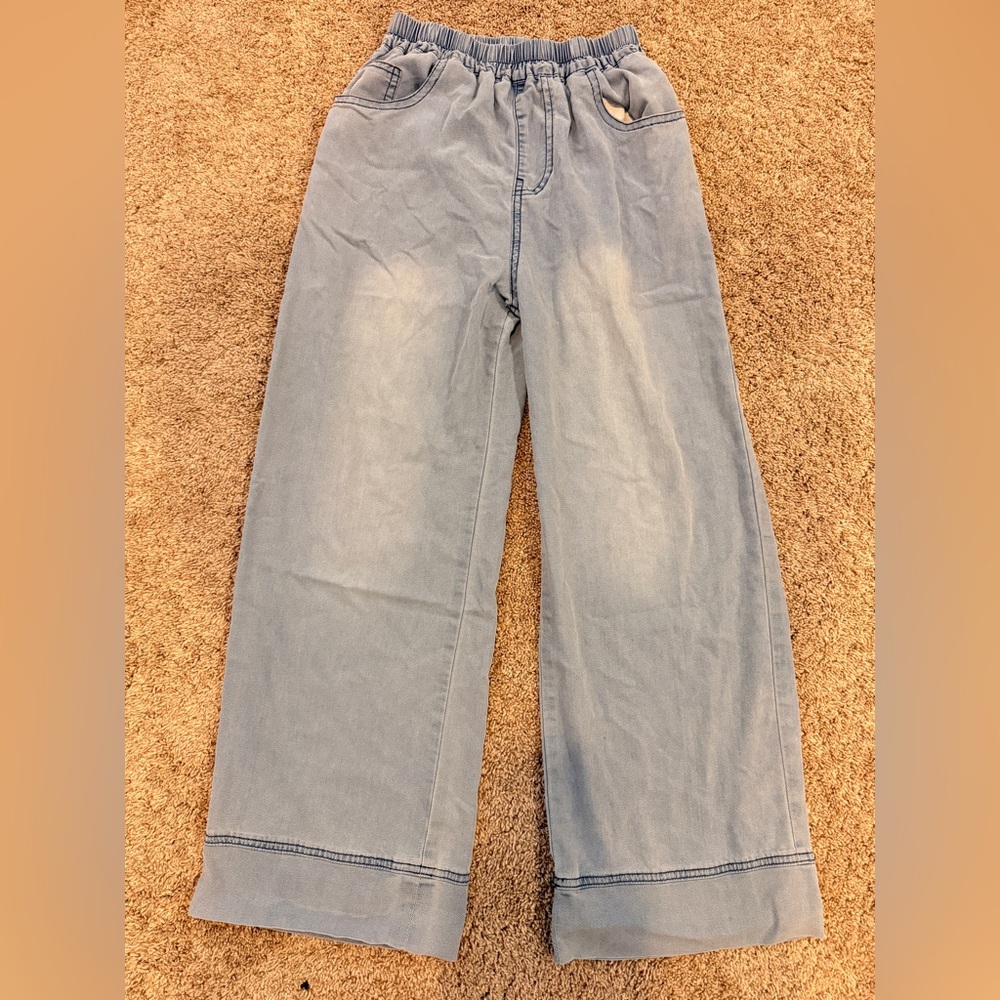 Girls Light Weight Wide-Leg Denim Soft Jeans Elastic Waistband Size 160cm